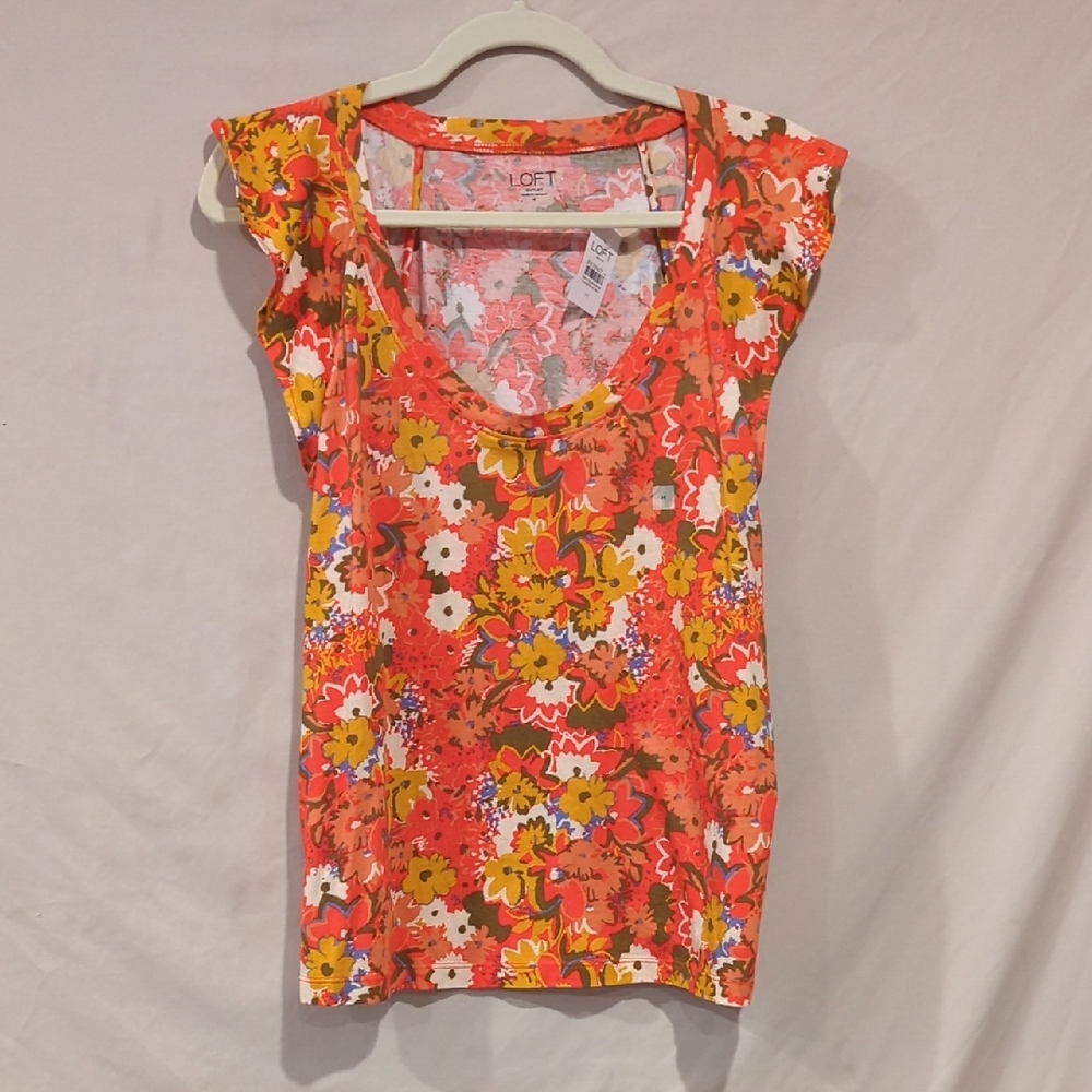 LOFT Women's Floral Red and Yellow Short Sleeve Tee